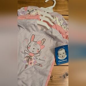 Gerber Baby Girl Set Of 4 Bodysuits Pink Purple White Bunnies Flowers 6-9 Months
